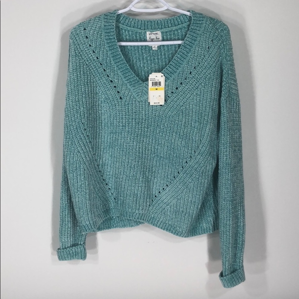 Teal green crochet knit sweater